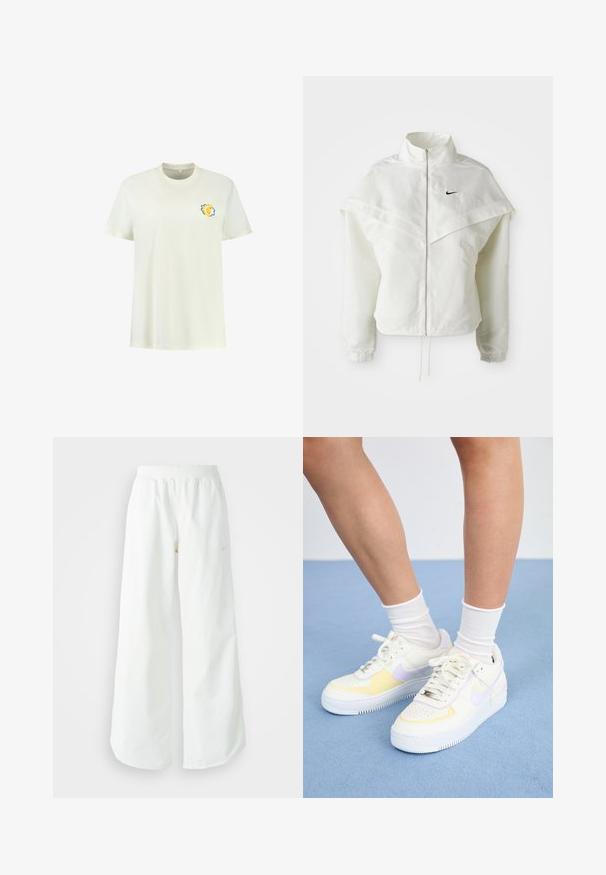 Valge pikkade varrukatega tõmblukuga jakk kõrge kraega, kätetooted, mis meenutavad katet õlgadel, elastsete mansettidega ja väikese musta Nike logoga rinnal.; Valge puuvillane t-särk lühikeste varrukatega, millel on vasakul rinnal väike lõvigutäiend kollase ja sinisega.; Valged laiad spordipüksid, ribadega vöökoht ja diskreetne logosümbol. Sile kangas, lõdvestatud istuvus ja kitsenev ääreosa.; Valged nahast tossud kollaste ja lavendlitoonide aktsentidega, ümar varvas, tasased paelad ja tekstureeritud kummist tald. Kannab valgeid sokke.