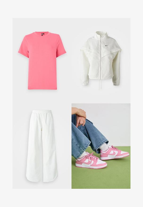 Valge pikkade varrukatega tõmblukuga jakk kõrge kraega, kätetooted, mis meenutavad katet õlgadel, elastsete mansettidega ja väikese musta Nike logoga rinnal.; Erksroosa lühikeste varrukatega t-särk, mis on valmistatud pehmest puuvillast; omab ümarat kaelust ja vabalt laskuvat lõiget, koos rullitud varrukaotstega ja siledat tekstuuri.; Valged laiad spordipüksid, ribadega vöökoht ja diskreetne logosümbol. Sile kangas, lõdvestatud istuvus ja kitsenev ääreosa.; Roosa ja valge Nike spordijalatsid, millel on nahk- ja võrkmaterjalid. Jalatsid, millel on kontrastsed disainid, ümar varvas ning sobivad roosad paelad ja aktsendid.