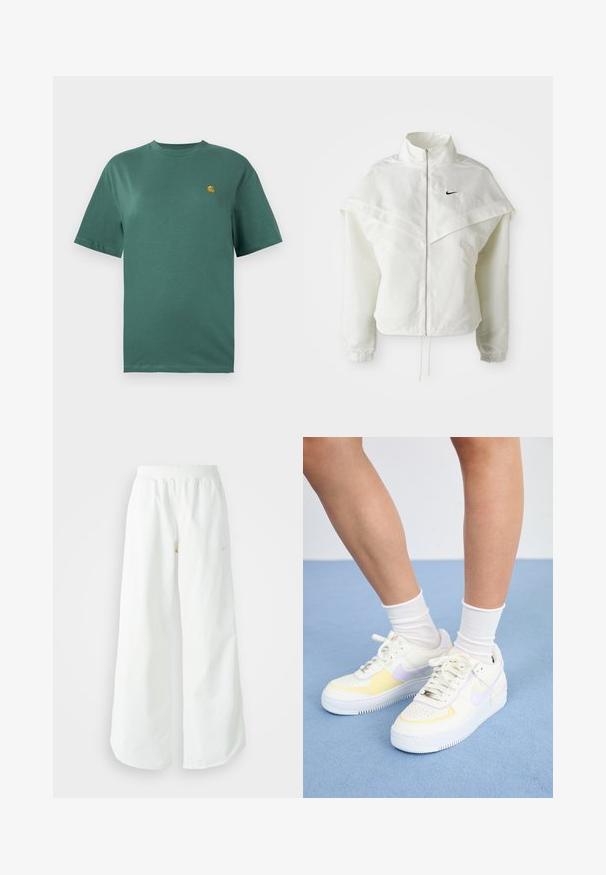 Hvid langærmet zip-up jakke med høj krave, kappe-lignende detaljer over skuldrene, elastiske manchetter og lille sort Nike-logo på brystet.; Teal bomulds t-shirt med korte ærmer, rund hals og et lille gult logo på venstre bryst. Glat tekstur og afslappet pasform.; Hvide athletic bukser med vidde, ribbet talje og subtile logo detaljer. Glat stof med en afslappet pasform og tapered hals.; Hvide lædersneakers med gule og lavendel accenter, rund tå, flade snørebånd og struktureret gummisål. Båret med hvide sokker.