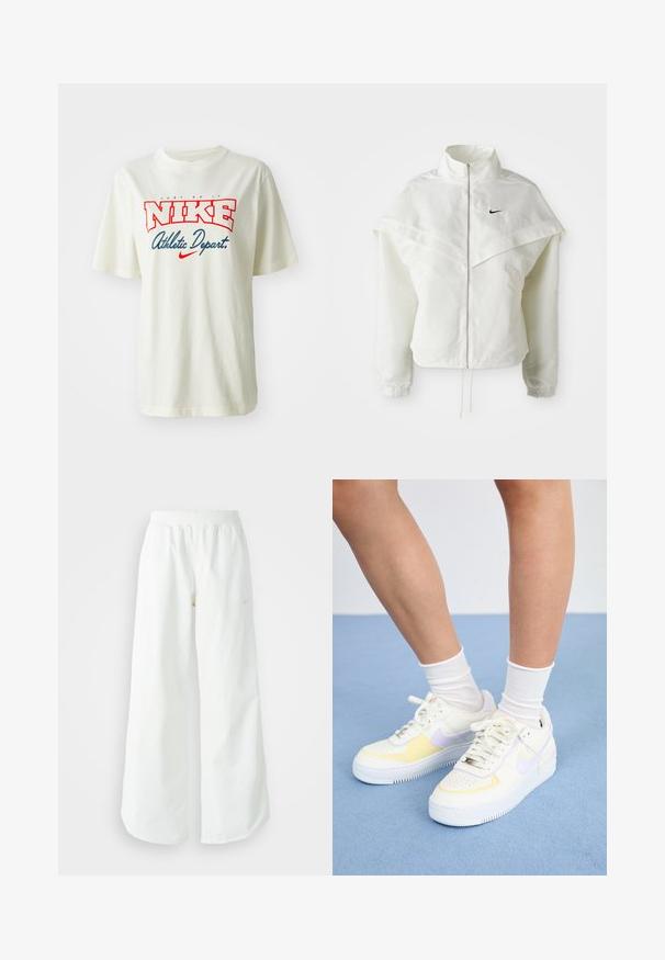 Balta garās piedurknes ar rāvējslēdzēju jaka ar augstu apkakli, apmetņa līdzīga detaļa uz pleciem, elastīgas aproces un mazs melns Nike logotips uz krūtīm.; Balta kokvilnas T-kreklu ar sarkanu un zilu "NIKE" logotipu, virsū rakstīts "Just Do It" un apakšā "Athletic Depart.", īsas piedurknes, apaļa kakla izgriezums.; Baltas, platais sporta bikses ar ribotu jostasvītru un smalku logotipa detaļu. Gluda auduma ar brīvu piegriezumu un sašaurinātu apakšdaļu.; Balti ādas sporta apavi ar dzelteniem un lavandas akcentiem, apaļa purngala forma, plakani šņores un teksturēta gumijas zole. Valkāti ar baltām zeķēm.
