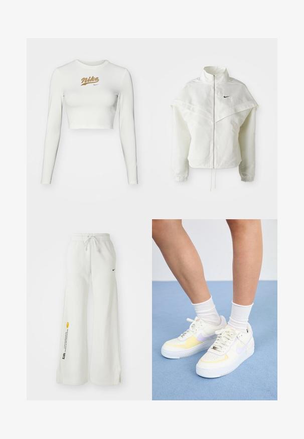 Λευκό ζακέτα με μακριά μανίκια και κλείσιμο με φερμουάρ, υψηλό γιακά, λεπτομέρεια που μοιάζει με κάπα στους ώμους, ελαστικούς μανσέτες και μικρό μαύρο λογότυπο Nike στο στήθος.; Λευκό crop top με μακριά μανίκια, φτιαγμένο από απαλό ύφασμα, με εκτύπωση του χρυσού λογότυπου Nike στο στήθος και κλασική στρογγυλή λαιμόκοψη.; Λευκές, φαρδιές φόρμες με λάστιχο στη μέση, κορδόνι, πλαινές σχισμές, μαύρο λογότυπο Nike και αντίθετο κίτρινο γραφικό κείμενο.; Λευκά δερμάτινα αθλητικά παπούτσια με κίτρινες και λιλά λεπτομέρειες, στρογγυλή μύτη, επίπεδες κορδόνια και υφασμάτινη σόλα από καουτσούκ με υφή. Φοριούνται με λευκές κάλτσες.