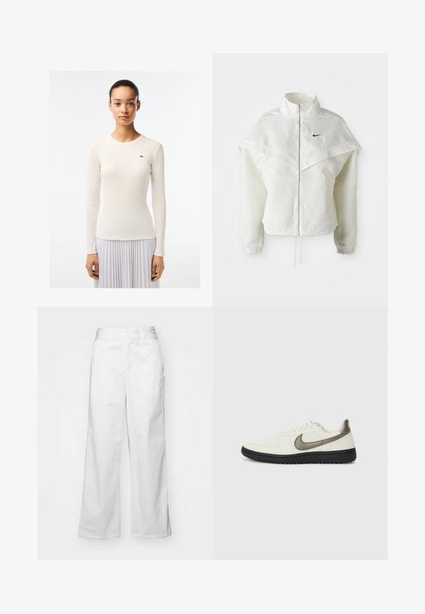 White long-sleeve zip-up jacket with high collar, cape-like detail across shoulders, elastic cuffs, and small black Nike logo on chest.; White long-sleeve top with a ribbed texture and round neckline, featuring a small green logo on the left side. Smooth fabric finish.; White wide-leg trousers made from cotton, featuring a smooth texture, straight fit, front pockets, and a clean hem.; Nike Sportswear FIELD GENERAL - Trainers - off-white/black