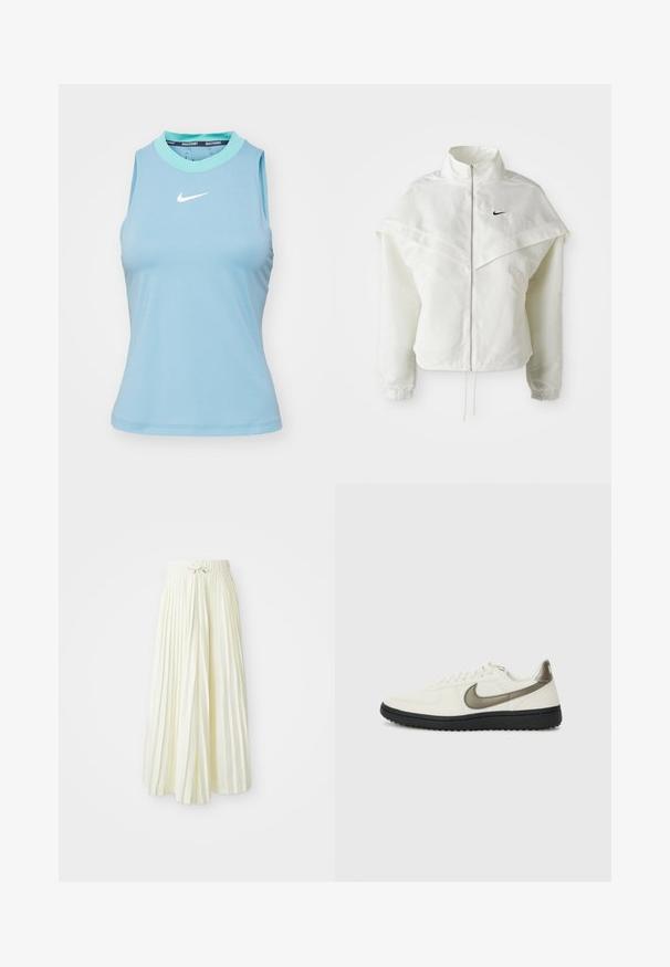 Balta garās piedurknes ar rāvējslēdzēju jaka ar augstu apkakli, apmetņa līdzīga detaļa uz pleciem, elastīgas aproces un mazs melns Nike logotips uz krūtīm.; Nike Performance ADVANTAGE TANK - Tops - denim turquoise/green frost/white; Gaiši dzeltena plisēta midi svārku, kurai ir elastīga josta ar saišu, gluda tekstūra un vertikālas svītras papildu detaļām.; Nike Sportswear FIELD GENERAL - Treniņu apavi - off-white/black