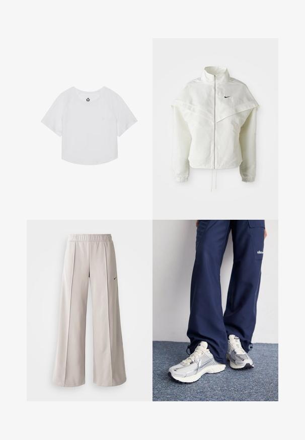 Hvid langærmet zip-up jakke med høj krave, kappe-lignende detaljer over skuldrene, elastiske manchetter og lille sort Nike-logo på brystet.; Hvid cropped træningsshirt med korte raglanærmer, rund halsudskæring og et lille logo på brystet. Glat, letvægtsstof.; Lys grå, vide bukser lavet af glat stof. Har et elastisk talje bånd og sort Nike-logo på venstre side.; Nike sportssko med en sølvfarvet mesh-overdel, hvide detaljer og strukturerede såler, parret med løstsiddende navy bukser.