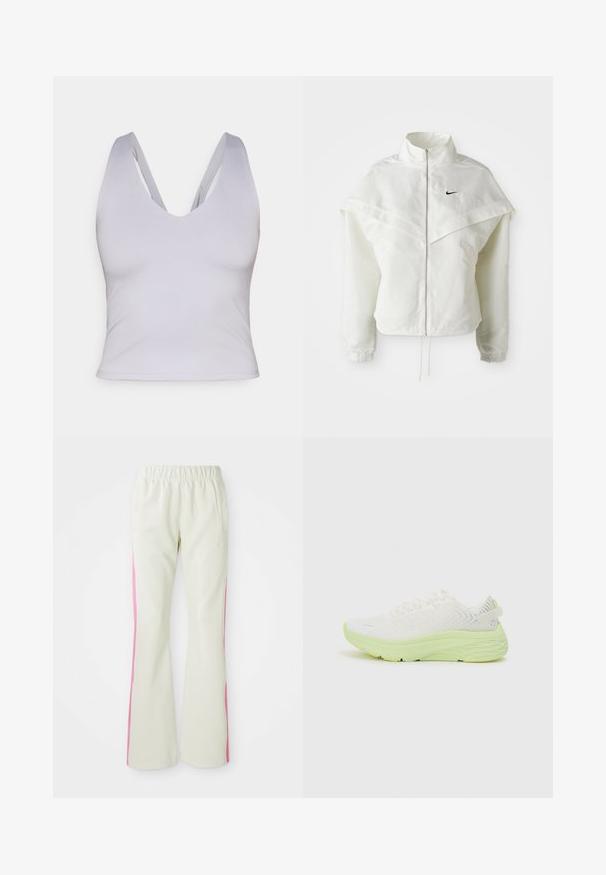 Giacca bianca a maniche lunghe con zip e colletto alto, dettaglio a mantella sulle spalle, polsini elasticizzati e piccolo logo Nike nero sul petto.; Top corto senza maniche grigio chiaro con scollatura a V profonda, realizzato in tessuto liscio, con spalline larghe e un design aderente.; Pantaloni beige chiaro con cintura elastica, dotati di pannelli laterali rosa e tasche laterali. Tessuto morbido con design a gamba dritta.; Scarpa sportiva bianca con tomaia testurizzata, dotata di una intersuola e suola di un verde chiaro. Design minimale con linee curve e chiusura con lacci.