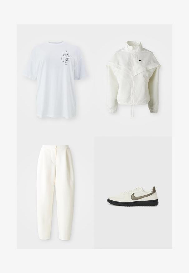 Bílá dlouhá zipová bunda s vysokým límcem, pláštěnkovým detailem přes ramena, elastickými manžetami a malým černým logem Nike na hrudi.; Bílá bavlněná trička, oversize střih, s minimalistickým černým liniovým výkresem na levé straně. Klasický kulatý výstřih a krátké rukávy.; Bílé kalhoty s vysokým pasem a zúženým střihem, se skrytým předním zapínáním a bočními kapsami, vystavené na čistém bílém pozadí.; Nike Sportswear FIELD GENERAL - Tenisky - off-white/black