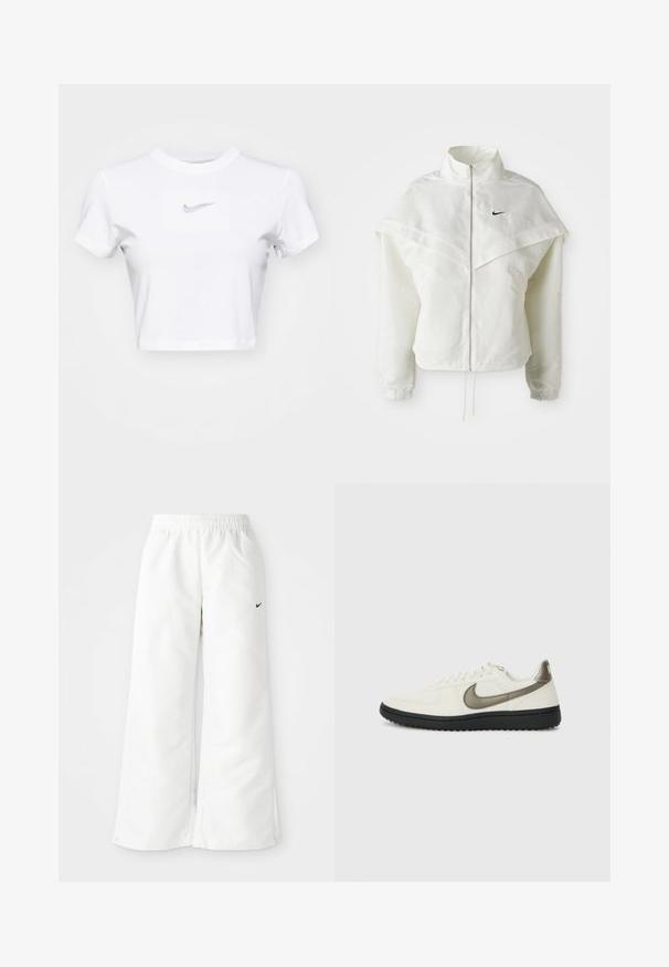 Balta garās piedurknes ar rāvējslēdzēju jaka ar augstu apkakli, apmetņa līdzīga detaļa uz pleciem, elastīgas aproces un mazs melns Nike logotips uz krūtīm.; Balta īsā T-krekls, izgatavots no kokvilnas, ar apaļu kakla izgriezumu un īsām piedurknēm, ar pelēku Nike logotipu centrā priekšpusē.; Baltie sporta bikses ar plaša kāju dizainu, elastīgu jostasvietu un mazu melnu Nike logo kreisajā pusē. Gluda, viegla materiāla.; Nike Sportswear FIELD GENERAL - Treniņu apavi - off-white/black