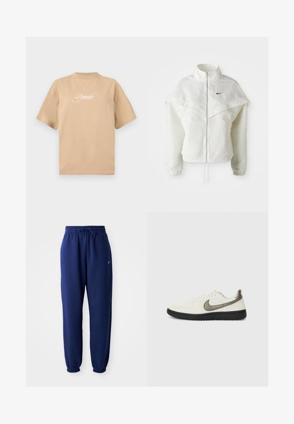 Witte lange mouwen zip-up jas met hoge kraag, cape-achtige details over de schouders, elastische manchetten en een klein zwart Nike-logo op de borst.; Beige katoenen t-shirt met korte mouwen, ronde halslijn en witte cursieve tekst op de voorkant met de tekst "Pegador Dreams Come True."; Marineblauwe joggingbroek van zachte stof, met een elastische tailleband met trekkoord, elastische boorden en een klein wit logo.; Nike Sportswear FIELD GENERAL - Sneakers laag - off-white/black