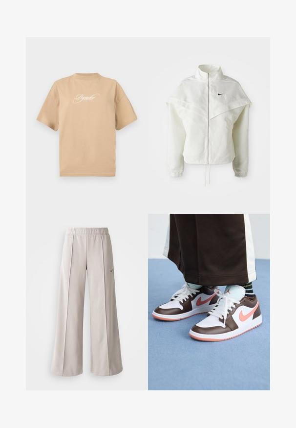 Biała, długozapinana kurtka na zamek z wysokim kołnierzem, z pelerynowym detalem na ramionach, elastycznymi mankietami i małym czarnym logo Nike na piersi.; Beżowa bawełniana koszulka z krótkim rękawem, okrągłym dekoltem i białym, kursywą napisem z przodu "Marzenia Pegadora Spełniają Się."; Jasnoszare spodnie o szerokich nogawkach, wykonane z gładkiego materiału. Posiadają elastyczny pas i czarne logo Nike po lewej stronie.; Białe i brązowe sneakersy Nike Air Jordan z różowymi akcentami, posiadające niski krój, białe sznurowadła oraz teksturowaną gumową podeszwę.