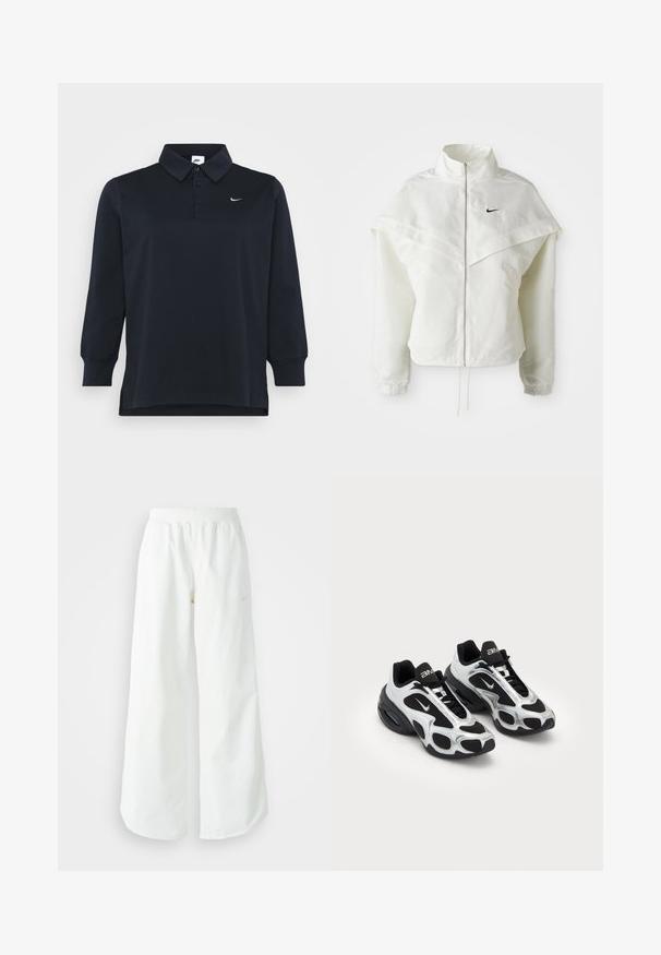 Fehér, hosszú ujjú, zipzáras dzseki magas gallérral, a vállakon lebegő, köpenyszerű résszel, rugalmas mandzsettákkal és kis fekete Nike logóval a mellkason.; Sötétkék hosszú ujjú pólóing pamutból, gallérral, három gombos felső résszel és egy kis fehér logóval a mellkasán.; Fehér, bő szárú sportnadrág ribbelt derékpánttal és diszkrét logórésszel. Simá szövet, laza szabással és taperált szárral.; Fekete és ezüst sportcipők, hálós és szintetikus felsőrész leírással, jellegzetes hullámos dizájnnal és párnázott nyakkal, valamint légpárnás talppal.