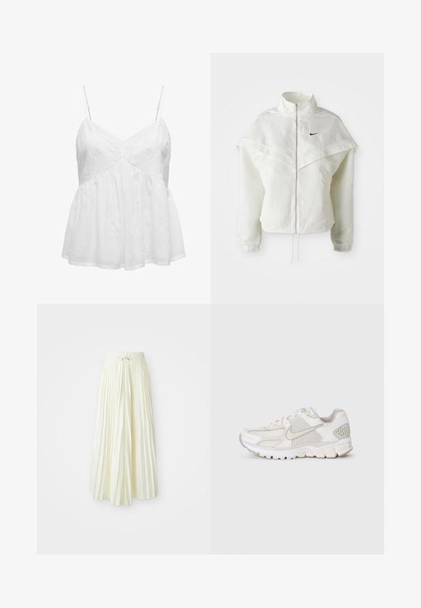 White long-sleeve zip-up jacket with high collar, cape-like detail across shoulders, elastic cuffs, and small black Nike logo on chest.; White cotton camisole with adjustable spaghetti straps, featuring a floral embroidery pattern across the bodice and a flared hemline.; Pleated midi skirt in light yellow fabric, featuring an elastic waistband with a tie, smooth texture, and vertical stripes for added detail.; White athletic shoe with mesh and synthetic materials. Features a textured design, padded collar, and geometric accents on the heel.