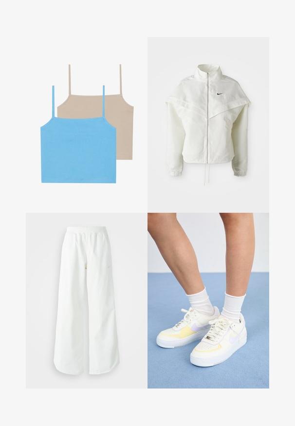 Chaqueta blanca de manga larga con cremallera y cuello alto, detalle tipo capa en los hombros, puños elásticos y pequeño logo negro de Nike en el pecho.; Even&Odd 2 PACK - Top - azure blue/simply taupe; Pantalones deportivos blancos de pierna ancha con una cinturilla acanalada y un sutil detalle de logo. Tela suave con un ajuste relajado y dobladillo ajustado.; Zapatillas de cuero blancas con acentos amarillos y lavanda, punta redonda, cordones planos y suela de goma texturizada. Llevadas con calcetines blancos.