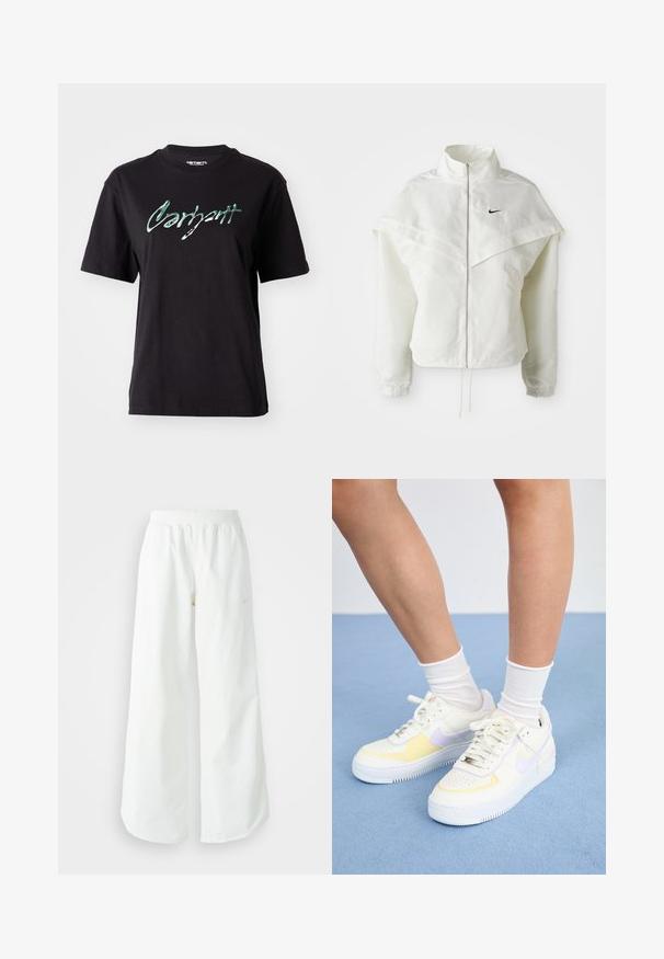 Balta ilga rankovė zip-up striukė su aukštu apykakle, švarkelio tipo detalėmis ant pečių, elastingomis rankovėmis ir mažuoju juodu Nike logotipu ant krūtinės.; Juodas medvilnės marškinėliai trumpomis rankovėmis, su blizgiu žaliu tekstu "Carhartt" per krūtinę. Klasikinė apvalia iškirpte.; Balti sportiniai keliai su platėjančiomis kojomis, su įtemptu juosmeniu ir subtilia logotipo detale. Lygus audinys, laisvas kirpimas ir siaurėjantis apatinis kraštas.; Baltos odinės sportbačiai su geltonais ir levandų akcentais, apvaliu pirštu, plokščiomis raišteliais ir tekstūruota guma. Dėvimi su baltais kojinėmis.