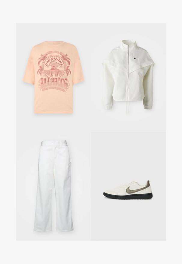 Weiße langärmlige Zip-Jacke mit hohem Kragen, cape-artigem Detail über den Schultern, elastischen Bündchen und kleinem schwarzen Nike-Logo auf der Brust.; Hellfarbene T-Shirt mit kurzen Ärmeln, das ein rotes Grafikdesign von Palmen und Sonnen mit dem Text "BILLABONG" zeigt, auf weichem Baumwollmaterial gedruckt.; Weiße, weit geschnittene Hosen aus Baumwolle mit glatter Textur, geradem Schnitt, seitlichen Taschen und einem sauberen Saum.; Nike Sportswear FIELD GENERAL - Sneaker low - off-white/black