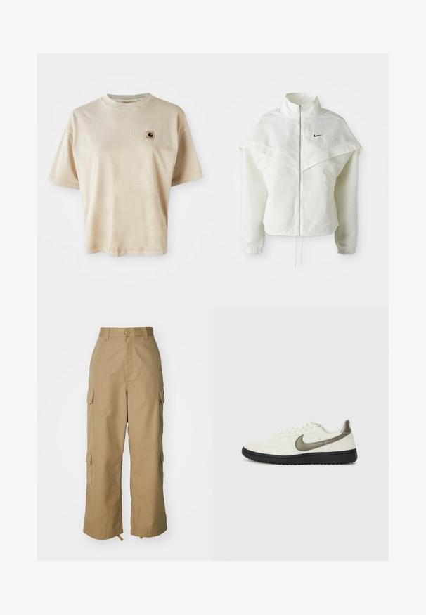 Weiße langärmlige Zip-Jacke mit hohem Kragen, cape-artigem Detail über den Schultern, elastischen Bündchen und kleinem schwarzen Nike-Logo auf der Brust.; Beige Baumwoll-T-Shirt mit lässigem Schnitt, Rundhalsausschnitt, kurzen Ärmeln und einem kleinen quadratischen Logo-Patch auf der linken Brustseite.; Beige Cargo-Hosen mit hoher Taille, weitem Bein und vier großen Seitentaschen. Aus strapazierfähigem Stoff mit glatter Textur und minimalen Details.; Nike Sportswear FIELD GENERAL - Sneaker low - off-white/black
