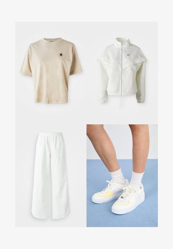White long-sleeve zip-up jacket with high collar, cape-like detail across shoulders, elastic cuffs, and small black Nike logo on chest.; Beige cotton t-shirt with a relaxed fit, crew neck, short sleeves, and a small square logo patch on the left chest area.; White wide-leg athletic pants with a ribbed waistband and subtle logo detail. Smooth fabric with a relaxed fit and tapered hem.; White leather sneakers with yellow and lavender accents, round toe, flat laces, and textured rubber sole. Worn with white socks.