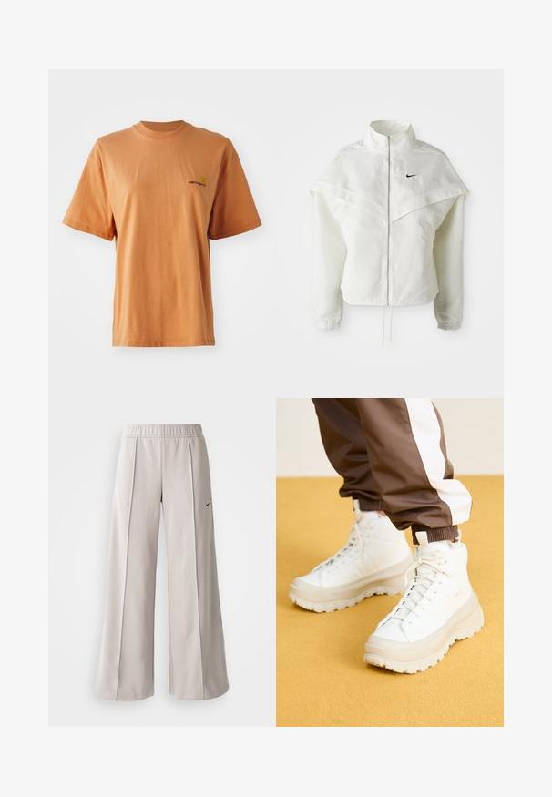 Veste zippée à manches longues blanche avec col haut, détail de type cape sur les épaules, poignets élastiques et petit logo Nike noir sur la poitrine.; T-shirt à manches courtes, col rond en coton orange doux, présentant un petit logo brodé en rouge foncé sur la poitrine gauche.; Pantalons larges gris clair en tissu lisse. Comprend une taille élastique et un logo Nike noir sur le côté gauche.; Baskets montantes blanches avec une semelle épaisse et texturée, présentant un dessus lisse, une pointe ronde et des lacets ton sur ton, sur un fond jaune.