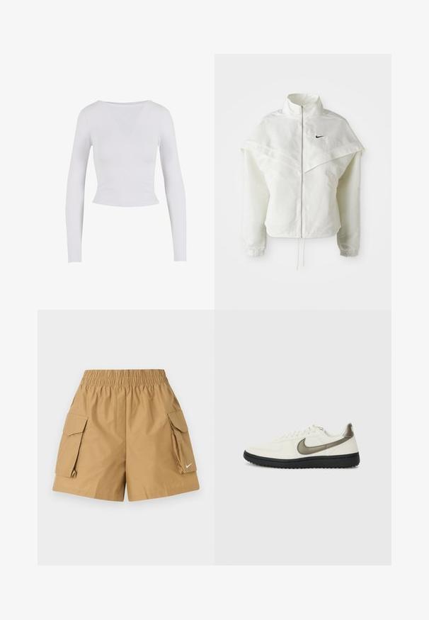 Bela jakna z dolgimi rokavi in zadrgo, visokim ovratnikom, plaščastim detajlom čez ramena, elastičnimi manšetami in majhnim črnim logotipom Nike na prsih.; Bela dolgi rokav krojeni top z okroglo izreznico, narejen iz gladkega, elastičnega materiala, s prilegajočim dizajnom in brez vidnih zapenjanj.; Bež cargo kratke hlače z elastičnim pasom, dvema stranskima žepoma in majhnim belim logotipom. Narejene so iz lahkega, teksturiranega blaga.; Nike Sportswear FIELD GENERAL - Športni copati - off-white/black