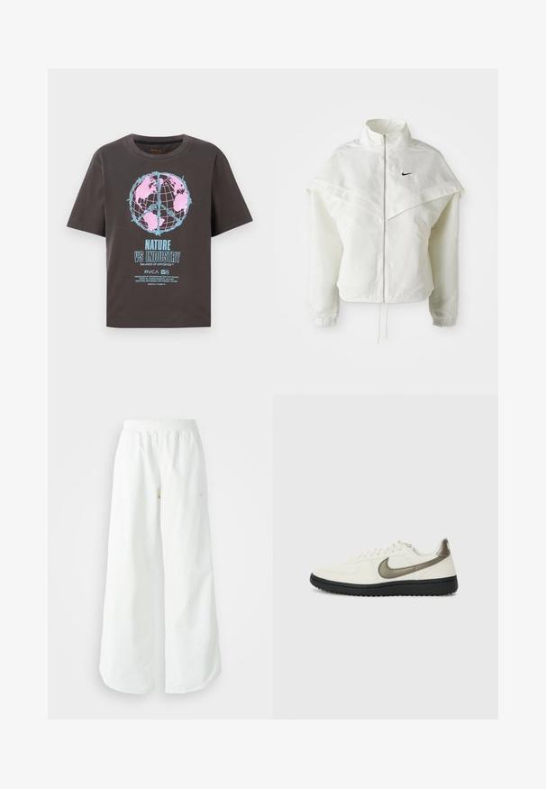 White long-sleeve zip-up jacket with high collar, cape-like detail across shoulders, elastic cuffs, and small black Nike logo on chest.; Dark gray t-shirt with short sleeves, featuring a colorful globe design in pink and blue, and text "NATURE VS INDUSTRY" in bold.; White wide-leg athletic pants with a ribbed waistband and subtle logo detail. Smooth fabric with a relaxed fit and tapered hem.; Nike Sportswear FIELD GENERAL - Trainers - off-white/black