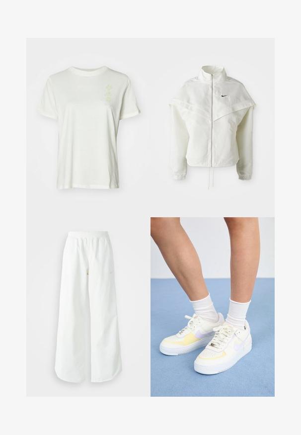 White long-sleeve zip-up jacket with high collar, cape-like detail across shoulders, elastic cuffs, and small black Nike logo on chest.; White cotton t-shirt with a crew neckline, short sleeves, and a subtle pastel floral design on the front. Soft texture, relaxed fit.; White wide-leg athletic pants with a ribbed waistband and subtle logo detail. Smooth fabric with a relaxed fit and tapered hem.; White leather sneakers with yellow and lavender accents, round toe, flat laces, and textured rubber sole. Worn with white socks.