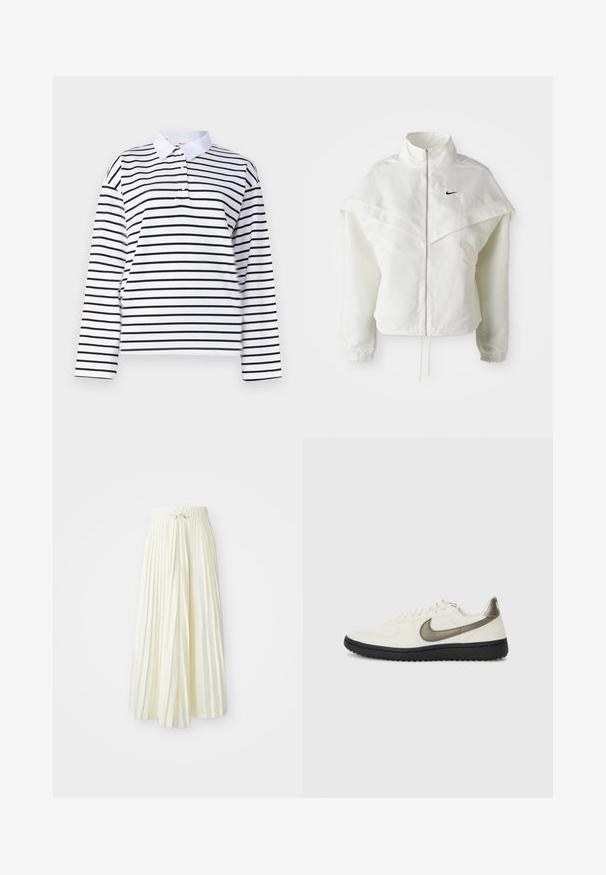 Veste zippée à manches longues blanche avec col haut, détail de type cape sur les épaules, poignets élastiques et petit logo Nike noir sur la poitrine.; Chemise polo à manches longues blanches avec des rayures horizontales noires, un col classique et un plastron à deux boutons. Tissu en coton lisse.; Jupe midi plissée en tissu jaune clair, dotée d'une taille élastique avec un lien, texture lisse et rayures verticales pour plus de détails.; Nike Sportswear FIELD GENERAL - Baskets basses - off-white/black
