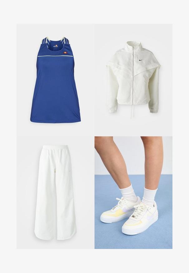 Bela jakna z dolgimi rokavi in zadrgo, visokim ovratnikom, plaščastim detajlom čez ramena, elastičnimi manšetami in majhnim črnim logotipom Nike na prsih.; Modra brezrokavna športna majica iz gladkega materiala, ki ima tanke bele vodoravne črte in večbarvni logotip na prsih.; Bela športna hlače širokega kroja z rebrastim pasom in diskretno logotipno podrobnostjo. Gladek material z sproščenim krojem in zoženim robom.; Bele usnjene superge z rumenimi in sivimi poudarki, okrogla noska, ravne vezalke in teksturiran gumen podplat. Nosi se z belimi nogavicami.