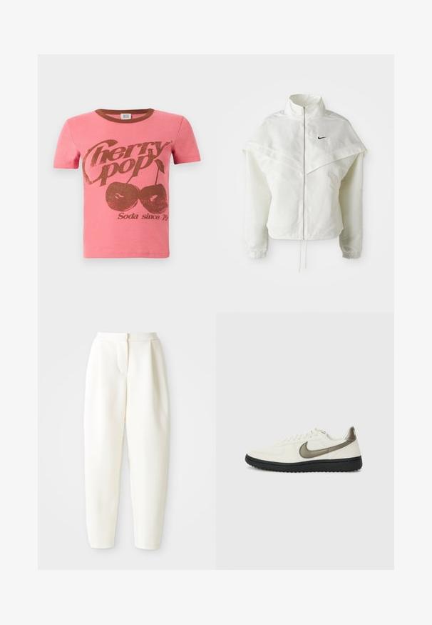 Vit långärmad zip-up jacka med hög krage, kap-liknande detalj över axlarna, elastiska ärmslut och liten svart Nike-logga på bröstet.; BDG Urban Outfitters CHERRY POP BABY - T-shirt med print - pink; Höga, avsmalnande vita byxor med dolda framknäppningar och sidofickor, uppvisade mot en enfärgad vit bakgrund.; Nike Sportswear FIELD GENERAL - Sneakers - off-white/black