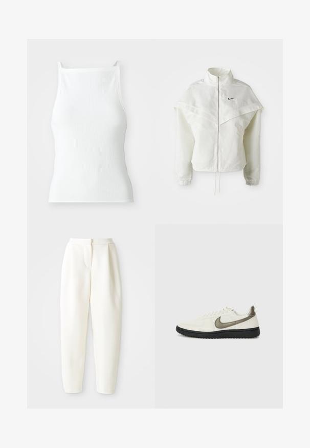 Jaqueta branca de mangas longas com fecho éclair e gola alta, detalhe tipo capa nos ombros, punhos elásticos e pequeno logótipo preto da Nike no peito.; Top de alças finas, branco, com textura canelada, apresentando um design ajustado e suave. O tecido parece elástico e ligeiramente estruturado.; Calças brancas de cintura alta e corte tapered com fecho frontal oculto e bolsos laterais, exibidas contra um fundo branco liso.; Nike Sportswear FIELD GENERAL - Sapatilhas - off-white/black