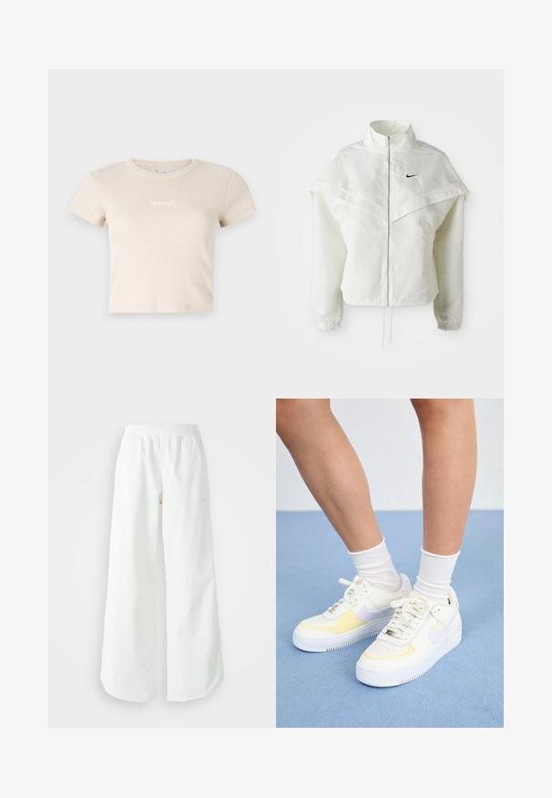 White long-sleeve zip-up jacket with high collar, cape-like detail across shoulders, elastic cuffs, and small black Nike logo on chest.; Beige cropped t-shirt made of ribbed fabric, featuring a round neckline and short sleeves. Includes a small contrasting logo on the front.; White wide-leg athletic pants with a ribbed waistband and subtle logo detail. Smooth fabric with a relaxed fit and tapered hem.; White leather sneakers with yellow and lavender accents, round toe, flat laces, and textured rubber sole. Worn with white socks.