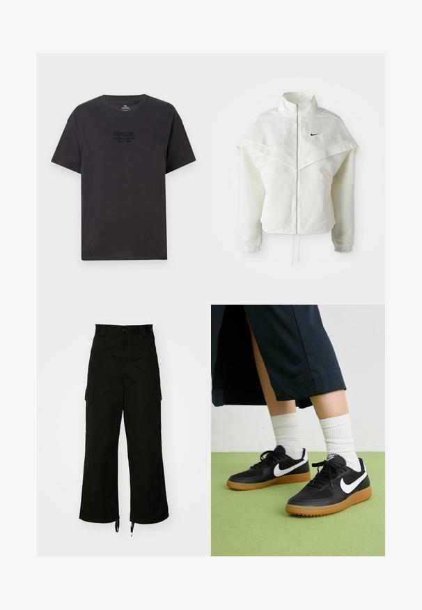 Biela bunda s dlhým rukávom na zips a vysokým golierom, s plášťovým detailom cez plecia, elastickými manžetami a malým čiernym logom Nike na hrudi.; Čierne bavlnené tričko s okrúhlym výstrihom, krátkymi rukávmi a jemne vyrazeným logom "Ripcurl Surfing Company" na hrudi.; Čierne cargo nohavice vyrobené z bavlny, s širokými nohavicami, bočnými vreckami a sťahovacími lemami. Dizajn zahŕňa gombíkový uzáver v páse.; Čierne kožené a syntetické tenisky so bielym logom Nike, gumenou podrážkou, okrúhlou špičkou a čiernymi šnúrkami. Viditeľné biele pruhované ponožky.