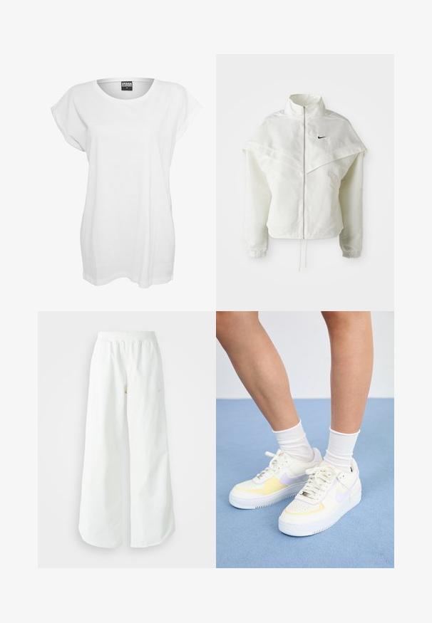 Biela bunda s dlhým rukávom na zips a vysokým golierom, s plášťovým detailom cez plecia, elastickými manžetami a malým čiernym logom Nike na hrudi.; Biely krátky rukáv tričko vyrobené z bavlny, s voľným strihom, širokým výstrihom a minimalistickým dizajnom bez vzorov alebo akcentov.; Biele široké športové nohavice s ribbovaným pásom a jemným logom. Hladká tkanina s uvoľneným strihom a zúženým lemom.; Biele kožené tenisky s žltými a levanduľovými akcentmi, okrúhle špičky, ploché šnúrky a textúrovaná gumová podrážka. Nosené s bielymi ponožkami.