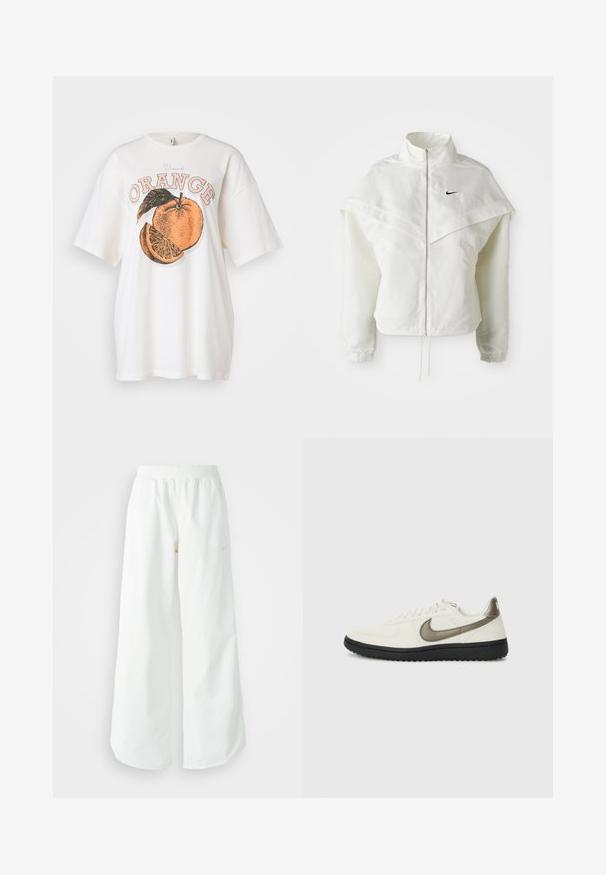 White long-sleeve zip-up jacket with high collar, cape-like detail across shoulders, elastic cuffs, and small black Nike logo on chest.; White cotton t-shirt featuring a large orange graphic with a slice and green leaf. Text "Vand ORANGE" in peach and black print above the design.; White wide-leg athletic pants with a ribbed waistband and subtle logo detail. Smooth fabric with a relaxed fit and tapered hem.; Nike Sportswear FIELD GENERAL - Trainers - off-white/black