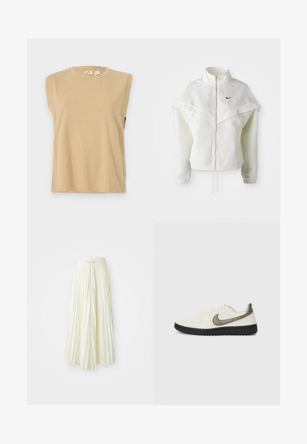 Balta ilga rankovė zip-up striukė su aukštu apykakle, švarkelio tipo detalėmis ant pečių, elastingomis rankovėmis ir mažuoju juodu Nike logotipu ant krūtinės.; Bežinis be rankovių topas, pagamintas iš minkštos medžiagos, su apvaliu kaklu ir laisvu siluetu, turintis minimaliai siuvinėjimo detalių.; Šviesiai geltona, krokuota midi sijonas, su elastinga juosta ir juostele, glotnaus audinio tekstūra ir vertikalios juostelės papildomam akcentui.; Nike Sportswear FIELD GENERAL - Sportbačiai - off-white/black