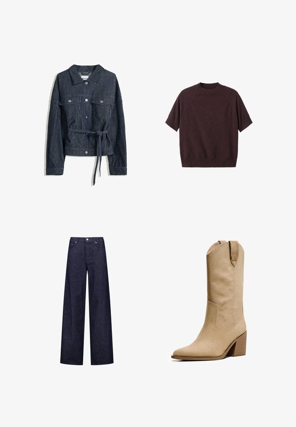 Veste en denim avec taille ceinturée, couleur bleu foncé, rayures verticales, fermetures à boutons et deux poches poitrine. Manches longues avec détails de poignets.; Pull à manches courtes en tricot bordeaux foncé. Doté d'un col rond côtelé et d'une coupe décontractée, avec des manches raglan et une texture lisse.; Pantalons en denim à jambes larges avec un motif rayé vertical bleu foncé et blanc, dotés de deux poches avant et d'une fermeture à bouton classique.; Bershka HIGH-HEEL - Bottes de cowboy / motard - beige