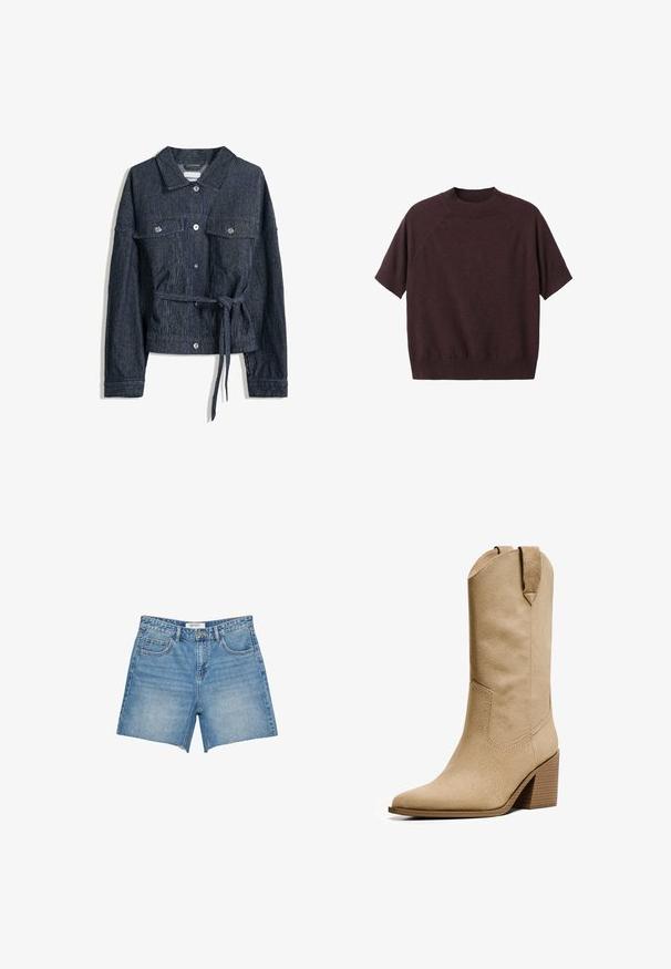 Jean jakna s pojasom u struku, tamnoplave boje, okomite pruge, dugmad za zatvaranje i dva džepa na grudima. Dugi rukavi s detaljima na manžetama.; Pulover kratkih rukava u tamno burgundskom pletenju. Ima rebrasti okrugli izrez i opuštenu siluetu, s raglan rukavima i glatkom teksturom.; Svijetloplave traper kratke hlače ravnog kroja, s izfrcanim rubom, pet džepova i oznakom marke na pojasu. Jednolično pranje i čvrsta tkanina.; Bershka HIGH-HEEL - Kaubojske/motorističke čizme - beige