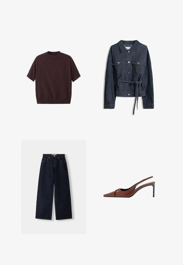 Jean jakna s pojasom u struku, tamnoplave boje, okomite pruge, dugmad za zatvaranje i dva džepa na grudima. Dugi rukavi s detaljima na manžetama.; Pulover kratkih rukava u tamno burgundskom pletenju. Ima rebrasti okrugli izrez i opuštenu siluetu, s raglan rukavima i glatkom teksturom.; Tamno plavi traper široki traperice viskog struka, s pet džepova, kontrastnim šavovima i srebrnim metalnim detaljima. Glatka tekstura i čista obrada.; Smeđa kožna slingback potpetica s iznimno šiljastim vrhom, izrezanom detaljom na gornjem dijelu i elegantnom stiletto potpeticom. Glatka tekstura.