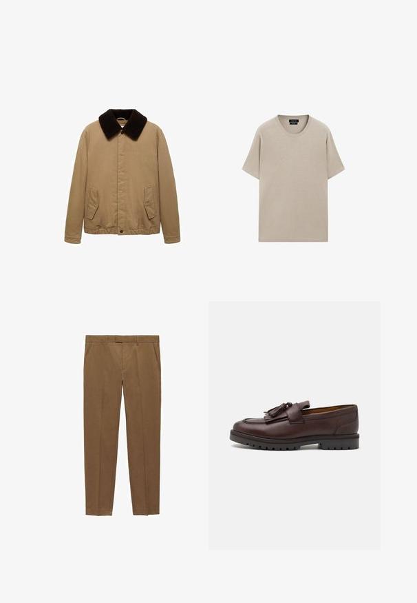 Braune Stoffjacke mit einem strukturierten dunkelbraunen Kragen, zwei seitlichen Taschen, Knopfverschluss und einem elastischen Saum am unteren Ende.; Beige Baumwoll-T-Shirt mit rundem Halsausschnitt, kurzen Ärmeln und lockerer Passform. Glatte Textur mit schlichtem Design, keine sichtbaren Muster oder Akzente.; Braune maßgeschneiderte Hosen aus glattem Stoff, mit flachem Frontdesign, geraden Beinen, Gürtelschlaufen und Seitentaschen.; Zign Business-Slipper - brown