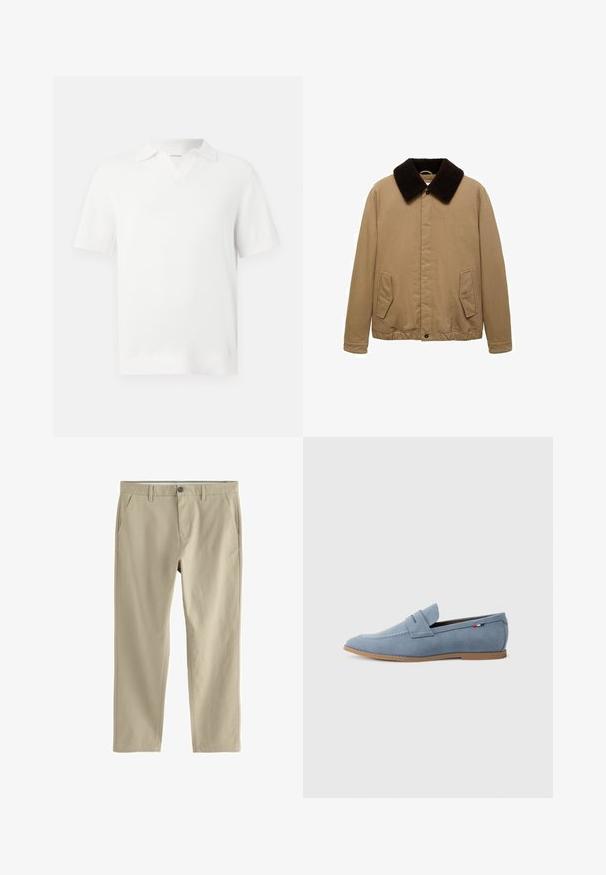 Brun stofjakke med en struktureret mørkebrun krave, to sidelommer, knaplukning og en elastisk kant nederst.; Hvid kortærmet polo skjorte med et tekstureret strikket design, der har en V-udskæring og ribbede manchetter for en tætsiddende finish.; Beige bukser med lige ben, bæltestropper, to sidelommer, forreste knaplukning og lynlås.; Lys blå ruskinds loafer med en glat tekstur, dekorativt syning og en brun gummisål. Har et penny slot design på overdelen.