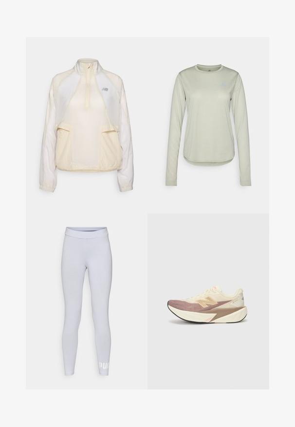 Lightweight pullover jacket in cream, featuring a half-zip collar, two front pockets, and subtle contrasting fabric textures. New Balance logo present.; Long-sleeve light green shirt made from textured fabric, featuring a round neckline and a small logo on the left chest area.; Light gray leggings with a smooth texture, high waistband, and white branding on the lower left leg. Form-fitting design.; Running shoe with a cream upper, pink accents, and gray details. Features a thick sole with a textured surface and prominent logo.
