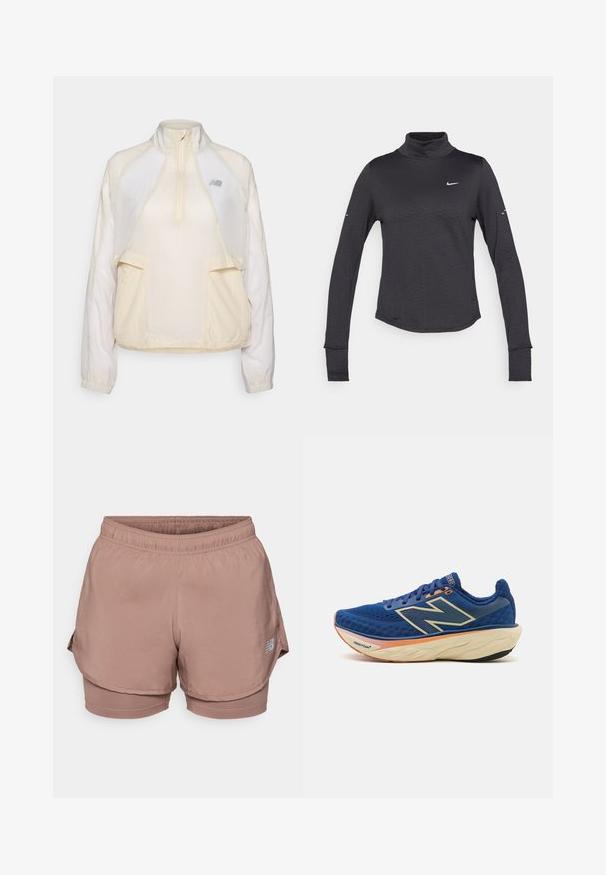 Lightweight pullover jacket in cream, featuring a half-zip collar, two front pockets, and subtle contrasting fabric textures. New Balance logo present.; Black long-sleeve turtleneck shirt with a subtle textured pattern, featuring a small white Nike logo on the chest and thumbholes in the cuffs.; Light pink athletic shorts feature an elastic waistband, layered design, and a reflective logo detail on the side. Smooth fabric.; Blue running shoe featuring a breathable mesh upper, padded collar, and a cushioned sole with an orange accent. "Fresh Foam" branding visible.