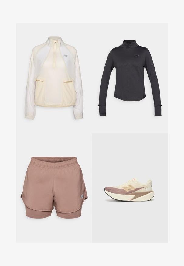 Lichtgewicht pullover jack in crème, met een halve rits kraag, twee voorke pockets en subtiele contrasterende stoftexturen. New Balance-logo aanwezig.; Zwarte langemouwen turtleneck shirt met een subtiel textuurpatroon, voorzien van een klein wit Nike-logo op de borst en duimgaten in de manchetten.; Lichtroze sportshorts met een elastische tailleband, gelaagde uitvoering en een reflecterend logo-detail aan de zijkant. Glad materiaal.; Hardloopschoen met een crèmekleurige bovenkant, roze accenten en grijze details. Voorzien van een dikke zool met een gestructureerd oppervlak en een prominent logo.