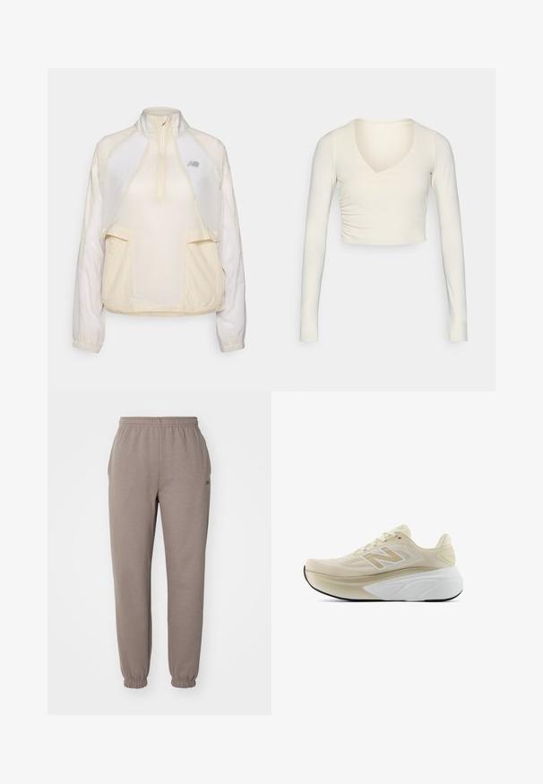 Lichtgewicht pullover jack in crème, met een halve rits kraag, twee voorke pockets en subtiele contrasterende stoftexturen. New Balance-logo aanwezig.; Langlevende, crèmekleurige crop top met een v-hals en geplooide zijdetails, gemaakt van rekbare stof voor een aansluitende pasvorm.; Bruine joggingsbroek van een zachte stof, met een elastische tailleband, boordjes aan de onderkant en zijzakken. Discrete branding op de bovenbeen.; Beige en witte New Balance hardloopschoen met een gebreide bovenkant, dikke gevoerde tussenzool en zwarte buitenzool, weergegeven in zijaanzicht op een witte achtergrond.