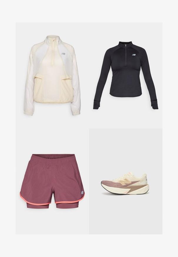 Šviesus paltaiklis džemperis kreminės spalvos, su pusiau užtrauktuku, dviem priekinėmis kišenėmis ir subtiliomis priešingomis audinių tekstūromis. Yra New Balance logotipas.; Juodas ilgomis rankovėmis sportinis marškinėlis su puse užtrauktuku ant apykaklės, tekstūruota medžiaga ir maža pilka logotipas ant kairės krūtinės. Prigludęs dizainas.; Lengvi maroniški sportiniai šortai su vidiniu pamušalu. Yra kontrastingos rožinės spalvos apdaila ir elastinė juosta patogumui.; Bėgimo bateliai su kreminės spalvos viršumi, rožiniais akcentais ir pilkais detalėmis. Turi storą padą su tekstūruota paviršiumi ir išsiskiriančiu logotipu.