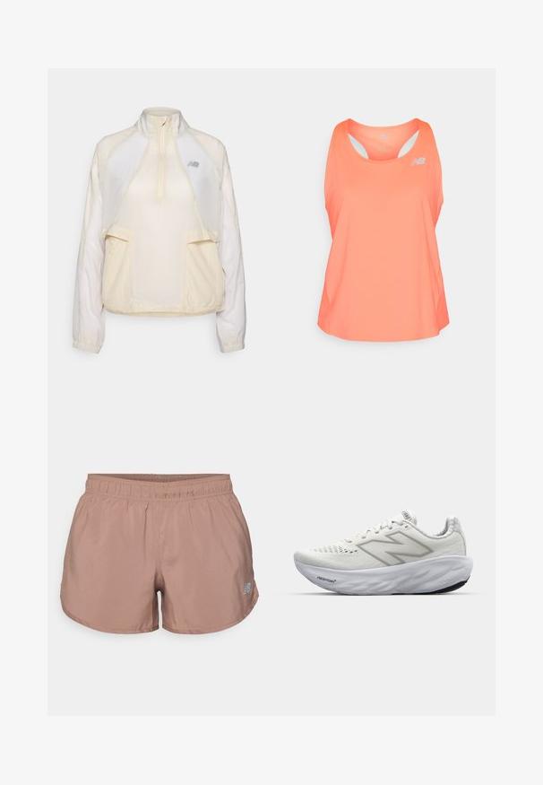 Kerge pullover-jakk kreemis, millel on poolsigri kaelus, kaks esikot ja peened kontrastsed kangatekstuurid. Uus Balance'i logo on kohal.; Roosa sportlik tank topp, millel on ümar kaelus, raseerimisriba disain ja ventilatsiooniavad. Ees on väike peegeldav logo.; Heledad pruunid spordipüksid elastse vöökohtaga ja väikese peegeldava logoga külgedel. Valmistatud siledast, kergest kangast.; Valged spordijalatsid, millel on võrgusilma pealne osa, polsterdatud sääreosa, tekstuuriga tallad ja "Fresh Foam" kaubamärgi logo keskosas.