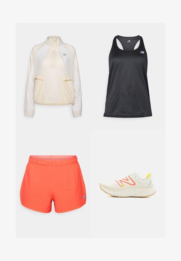 Lagani pulover jakna u krem boji s polu-zip ovratnikom, dva prednja džepa i suptilnim kontrastnim teksturama tkanine. Prisutni New Balance logo.; Crni atletski majica bez rukava izrađena od lagane tkanine, s dizajnom u stilu trkača, ravnim šavovima i logotipom New Balance u sivoj boji na gornjem lijevom dijelu.; Muške trkačke kratke hlače u svijetloj koralj boji, izrađene od prozračnog materijala s perforiranom teksturom. Imaju elastičnu tajicu i plavi logo kao naglasak.; New Balance FRESH FOAM X MORE V4 - Tenisice za cestovno trčanje - sea salt