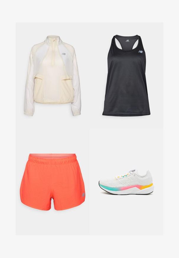 Ľahká pulóverová bunda v krémovej farbe, s golierom na polovičný zips, dvoma prednými vreckami a jemne kontrastnými textúrami látky. Prítomné logo New Balance.; Čierna športová tielko vyrobené z ľahkej tkaniny, s dizajnom na racerback, plochými švami a logom New Balance v sivej farbe v ľavom hornom rohu.; Pánske bežecké šortky v jasnej koralovej farbe, vyrobené z priedušného materiálu s perforovanou textúrou. Majú elastický pás a modrý logo akcent.; Biele atletické topánky so štruktúrovanou textíliou, farebnými gradientovými akcentmi v ružovej, tyrkysovej a žltej farbe a podporujúcou konštrukciou podrážky.
