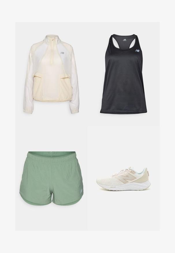 Kerge pullover-jakk kreemis, millel on poolsigri kaelus, kaks esikot ja peened kontrastsed kangatekstuurid. Uus Balance'i logo on kohal.; Mustmust mustrikot, mis on valmistatud kerge kangast ja millel on selja tagant avatud kujundus, lamedad õmblused ning New Balance'i hall logo vasakul ülal.; Heledad rohelised sportlikud lühikesed püksid, mis on valmistatud hingavast kangast, millel on elastne vöökoht, mugav lõige ja väikesed ventilatsiooniaugud kogu ulatuses.; New Balance FRESH FOAM ARISHI V4 - Maanteejooksu jalatsid - sea salt