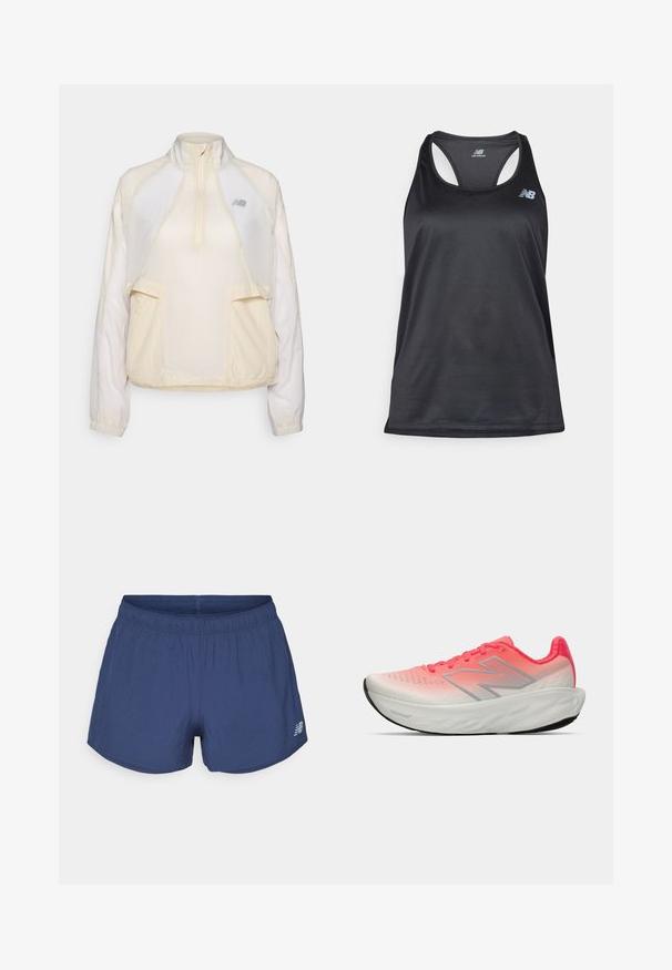 Kerge pullover-jakk kreemis, millel on poolsigri kaelus, kaks esikot ja peened kontrastsed kangatekstuurid. Uus Balance'i logo on kohal.; Mustmust mustrikot, mis on valmistatud kerge kangast ja millel on selja tagant avatud kujundus, lamedad õmblused ning New Balance'i hall logo vasakul ülal.; Tumed sinised sportlikud lühikesed püksid elastse vöökohaga ja väikese New Balance'i logoga vasakul allservas.; Aktiivne king, millel on roosa ja valge gradientidega võrkkangast ülemine osa, sildiga hõbedane logo, pehmendustega sisetald ja tekstureeritud kummist välispind.