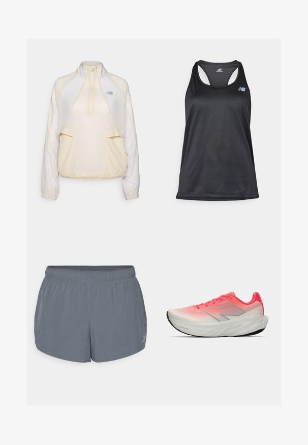 Kevyt vetoketjullinen takki, vaaleassa kerma-värissä, jossa on puolivetoketjun kaulus, kaksi etutaskua ja hienovaraisesti erottuvat kangasrakenteet. New Balance -logo on läsnä.; Musta urheilullinen toppi, joka on valmistettu kevyestä kankaasta, sisältää racerback-muotoilun, tasaiset saumat ja New Balancen harmaan logon vasemmassa yläkulmassa.; Harmaat urheilushortsit, joissa on pehmeä pinta, joustava vyötärö ja hieman kaareva helma. Sisältää pieniä reikiä hengittävyyden parantamiseksi.; Urheilujalkine, jossa on vaaleanpunainen ja valkoinen gradienttiverkkopinta, hopeinen logo, pehmustettu pohja ja teksturoitu kumipohja.