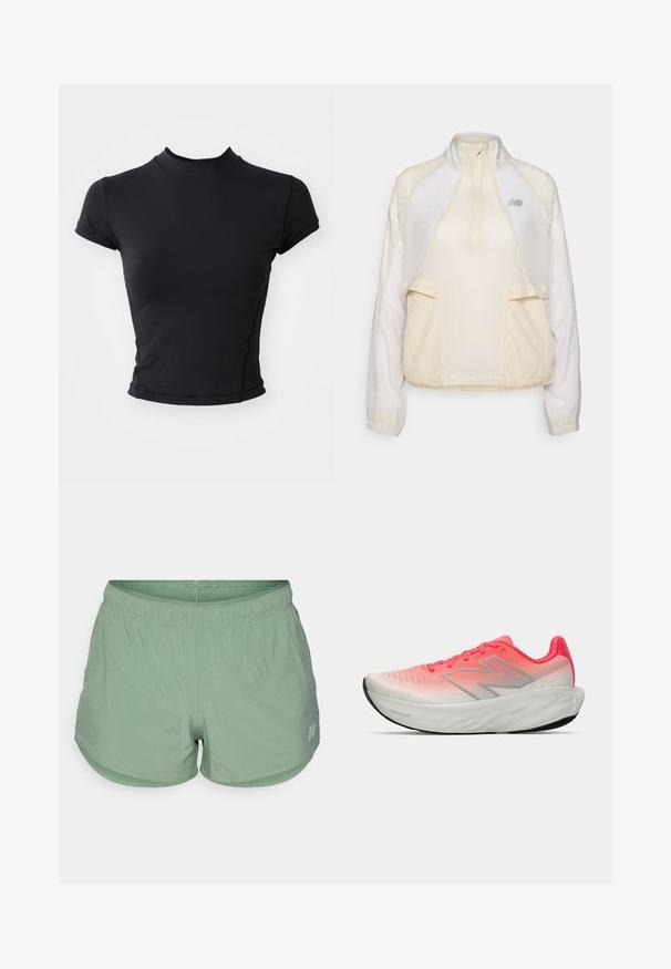 Lett genserjakke i kremfarge, med halv-zip krage, to frontlommer og subtile kontraststoffteksturer. New Balance-logo til stede.; Svart avkortet t-skjorte laget av glatt, elastisk stoff med høy hals og korte ermer, med ren søm og en tettsittende silhuett.; Lysegrønne treningsshorts laget av pustende stoff, med strikk i livet, avslappet passform, og små ventilasjonshull overalt.; Athletisk sko med en gradient rosa og hvit mesh-overdel, med en sølv logo, polstret såle og teksturert gummiyttersåle.